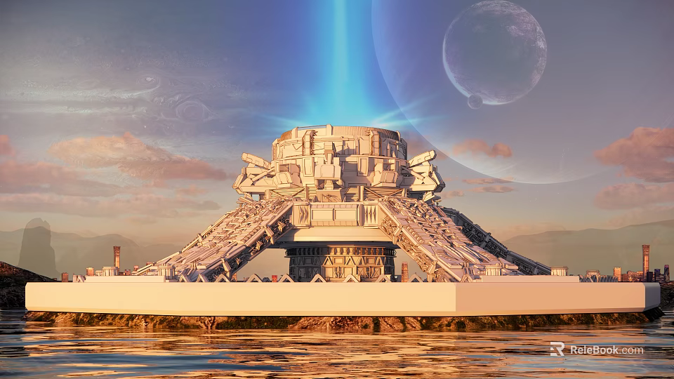 Cartoon Scene Of Futuristic Building With Blue Beam Over Water Surface And Planet 3d model 