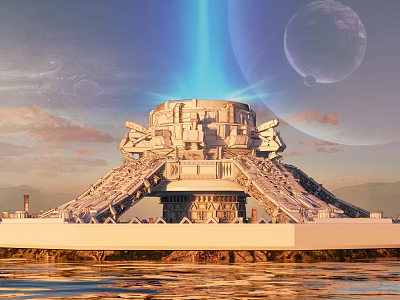 Cartoon Scene Of Futuristic Building With Blue Beam Over Water Surface And Planet 3d model