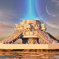Cartoon Scene Of Futuristic Building With Blue Beam Over Water Surface And Planet