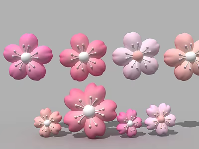 Floral Display Featuring 3D Cherry Blossoms Pink Light Pink Various Sizes Arranged Gray Background 3d model