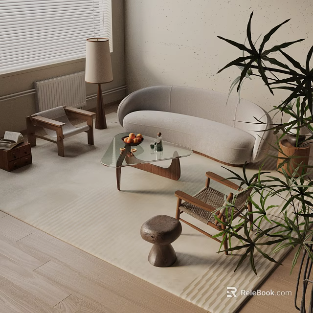 Modern Living Room With Curved Beige Sofa Wicker Chairs Glass Coffee Table Floor Lamp And Plant 3d model 