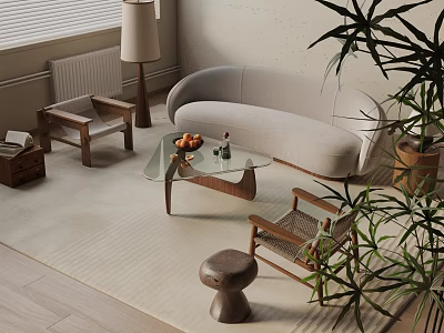Modern Living Room With Curved Beige Sofa Wicker Chairs Glass Coffee Table Floor Lamp And Plant 3d model