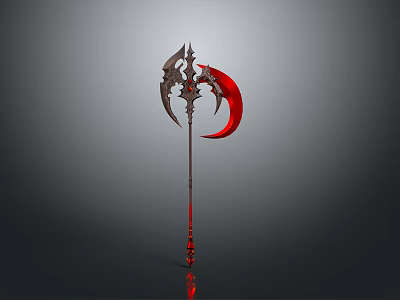 Ornate Gothic Weapon with Long Handle and Red Crescent Blade Metallic Structure and Decorative Details 3d model