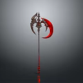 Ornate Gothic Weapon with Long Handle and Red Crescent Blade Metallic Structure and Decorative Details