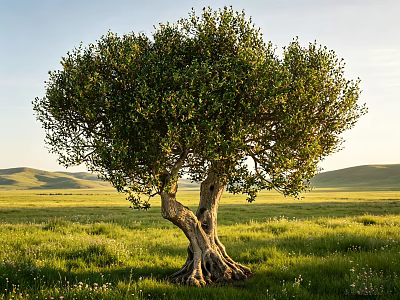 Ancient Arbor In Open Grassland With Hills Twisted Trunk Lush Green Leaves And Exposed Roots 3d model
