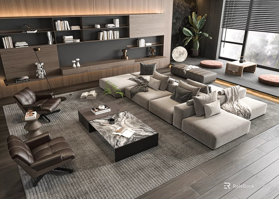 Elegant Modern Sofa Coffee Table Set with Gray Upholstery Marble Top and Brown Armchairs 3d model 