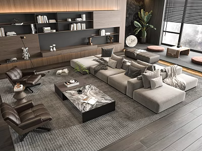Elegant Modern Sofa Coffee Table Set with Gray Upholstery Marble Top and Brown Armchairs 3d model