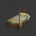 People Resting On Red Wooden Four Poster Bed With Green Checkered Mattress And Yellow Pillow