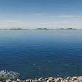 Scenic View With Blue Sky White Clouds Green Hills Blue Water Road And White Arrow