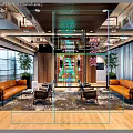 Modern Reception Area With Wooden Backdrop Large Letter A Logo Sofas Chairs And Plants