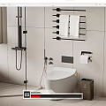 Modern Bathroom With White Toilet Light Tiled Walls Toilet Paper Holder And Trash Bin