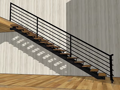 Modern Staircase With Black Metal Railing And Wooden Steps 3d model