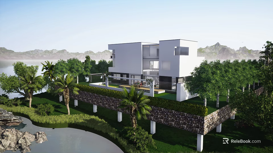 Modern Detached Villa with Lush Greenery Palm Trees and Waterfront View 3d model 