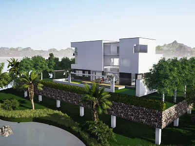 Modern Detached Villa with Lush Greenery Palm Trees and Waterfront View 3d model