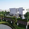 Modern Detached Villa with Lush Greenery Palm Trees and Waterfront View 3d model