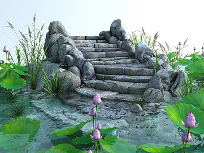 Natural Stone Stairs Surrounded by Lotus Flowers and Green Leaves With Aquatic Plants 3d model