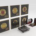 Gold Red Record Plaques in Black Frames with Vinyl Record Player and Records 3d model