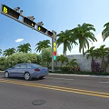 Urban Road Facilities Featuring Traffic Light Electronic Display And Palm Trees Near Moving Car