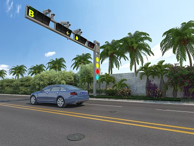 Urban Road Facilities Featuring Traffic Light Electronic Display And Palm Trees Near Moving Car 3d model