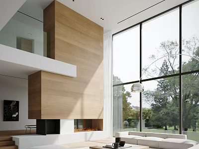 Modern Living Room Interior With Wooden Wall Large Windows Tree View And Fireplace 3d model