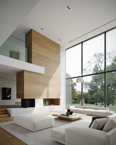 Modern Living Room Interior With Wooden Wall Large Windows Tree View And Fireplace 3d model