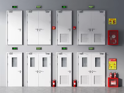 Different Types of Fire Doors with Emergency Exit Signs Fire Extinguishers and Hydrant Cabinets 3d model