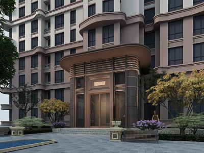 Modern Apartment Building Entrance Gate With Glass Structure Stone Steps And Greenery 3d model