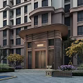 Modern Apartment Building Entrance Gate With Glass Structure Stone Steps And Greenery