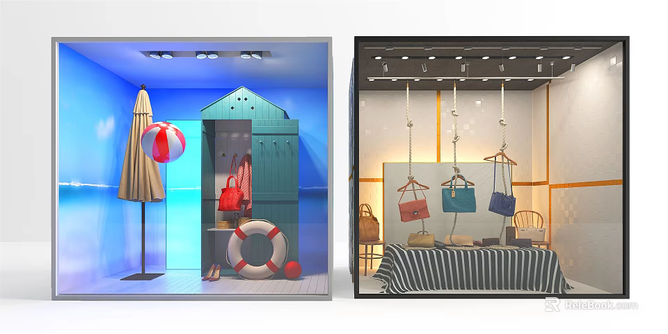 Summer Beach Themed Window Display With Handbags Locker Lifebuoy And Sun Umbrella 3d model 