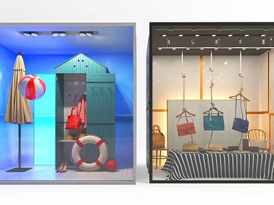 Summer Beach Themed Window Display With Handbags Locker Lifebuoy And Sun Umbrella 3d model