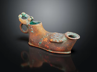 Ancient Bronze Shoe Shaped Vessel With Patina Handle Carved Design And Spout 3d model