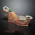 Ancient Bronze Shoe Shaped Vessel With Patina Handle Carved Design And Spout