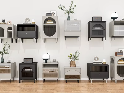 Modern Minimalist Nightstands in Neutral Tones with Storage Drawers Lamps and Plants 3d model