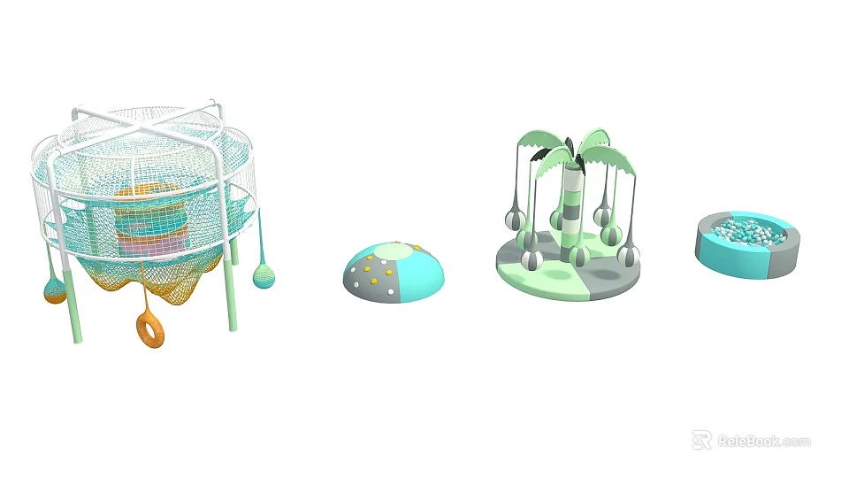Pastel Green And Blue Kids Playground Equipment With Net Cage Hanging Balls And Round Pads 3d model 