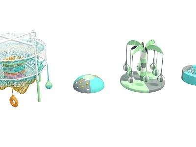 Pastel Green And Blue Kids Playground Equipment With Net Cage Hanging Balls And Round Pads 3d model