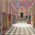 Vintage Corridor Pendant Light Combination With Arched Ceiling And Checkered Floor Decor
