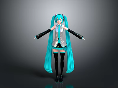 Anime Virtual Character With Blue Long Hair Twin Ponytails White Top Black Gloves And Boots 3d model