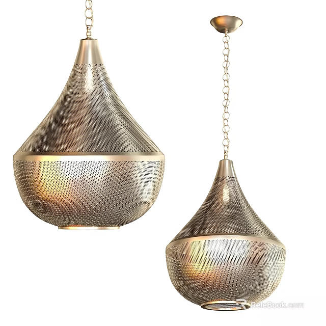 Shiny Bronze Metal Mesh Teardrop Pendant Lights with Perforated Design and Hanging Chain 3d model 