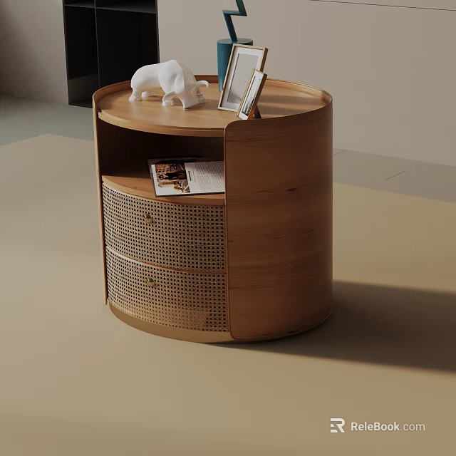 Modern Minimalist Wooden Round Side Table With White Sculpture Photo Frame And Perforated Magazine Shelf 3d model 