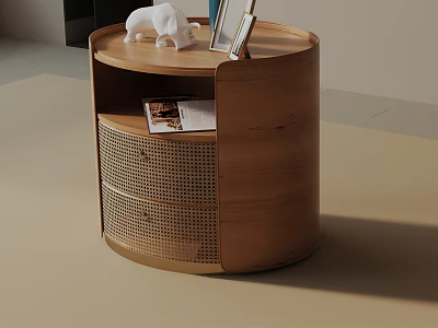 Modern Minimalist Wooden Round Side Table With White Sculpture Photo Frame And Perforated Magazine Shelf 3d model