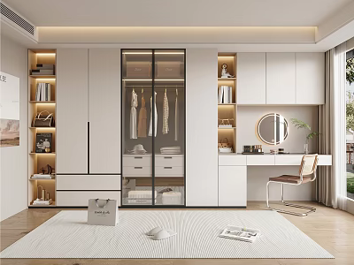 Modern White Wardrobe With Glass Doors Hanging Clothes Integrated Bookshelves Dressing Table Mirror and Chair 3d model