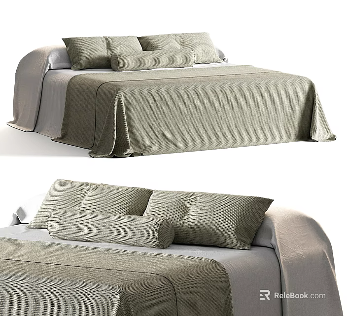 Double Bed With Soft Beige Quilted Bedspread And Multiple Decorative Pillows 3d model 
