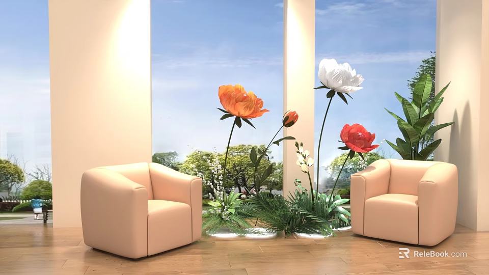 Beige Single Sofa With Orange White Red Flowers Green Plants Wooden Floor Blue Sky Background 3d model 