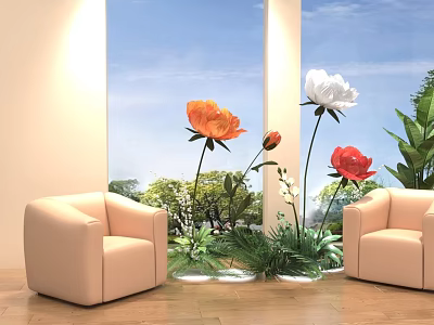 Beige Single Sofa With Orange White Red Flowers Green Plants Wooden Floor Blue Sky Background 3d model