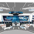 Futuristic Control Room Interior With Circular Console Multiple Screens And Blue Lighting 3d model