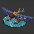 Blue Wing Yellow Body Water Passenger Plane With Floats On Blue Water Surface