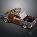 Vintage Rusty Pickup Truck Model With Roof Luggage And Front Lights