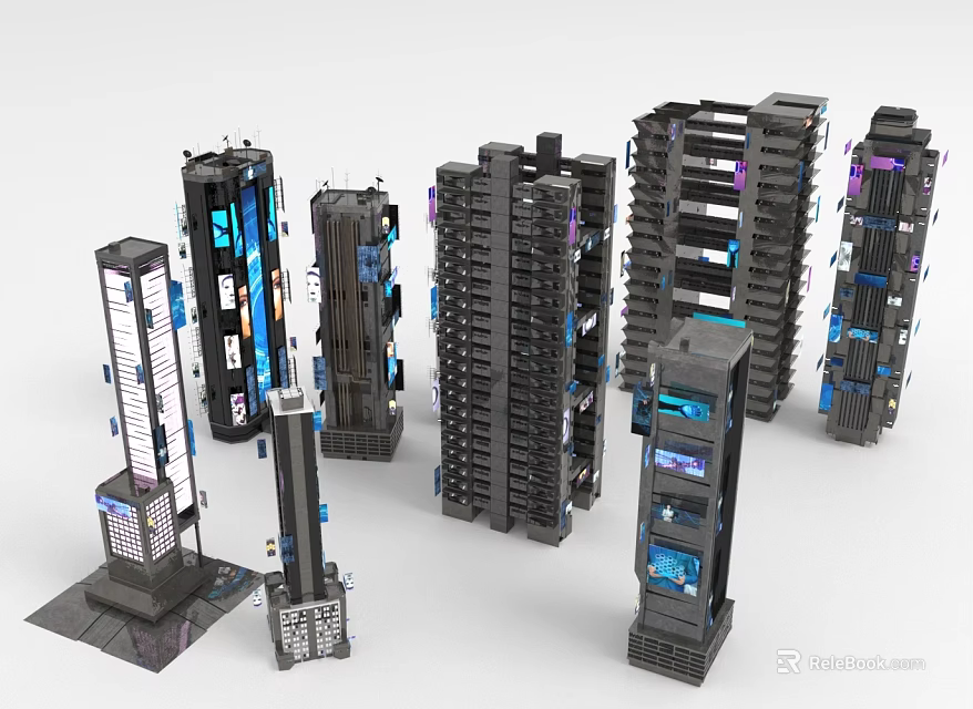 Futuristic Architecture Design Of Tall Buildings With Glass Facades And Neon Lighting Elements 3d model 