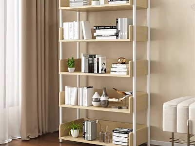Light Wood Multi Tiered Bookshelf With Books Potted Plants And Decorative Items In Living Room 3d model