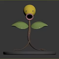 Yellow Character Plant With Green Leaves Long Stem And Legs On Round Base